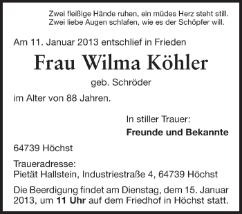 Traueranzeige von Wilma Köhler von Odenwälder Echo