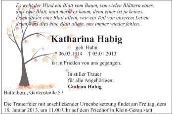 Traueranzeige von Katharina Habig von Rüsselsheimer Echo, Groß-Gerauer-Echo, Ried Echo