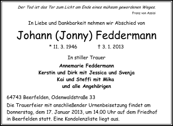 Traueranzeige von Johann (Jonny) Feddermann von Odenwälder Echo