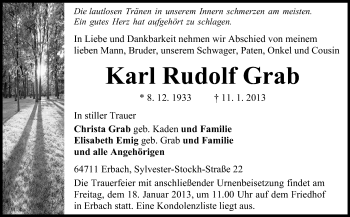 Traueranzeige von Karl Rudolf Grab von Odenwälder Echo