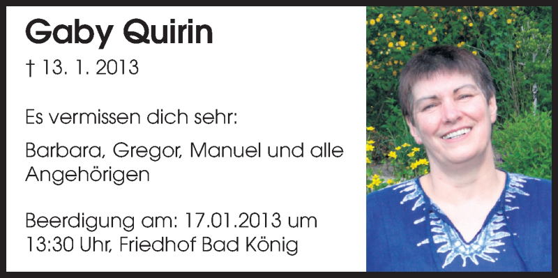  Traueranzeige für Gaby Quirin vom 16.01.2013 aus Odenwälder Echo