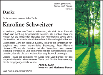 Traueranzeige von Karoline Schweitzer von Odenwälder Echo