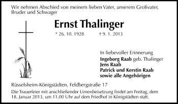 Traueranzeige von Ernst Thalinger von Rüsselsheimer Echo, Groß-Gerauer-Echo, Ried Echo