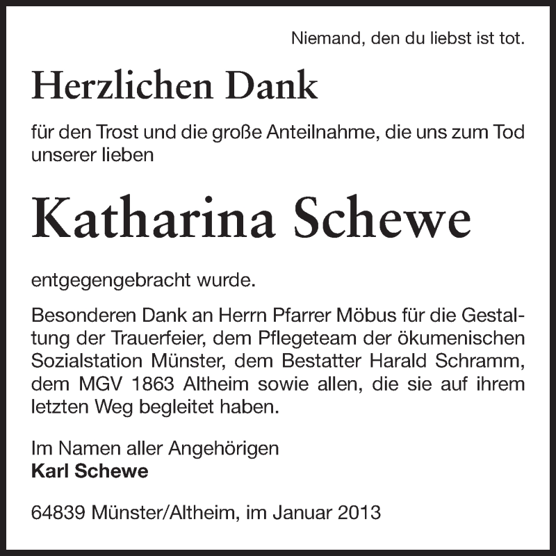  Traueranzeige für Katharina Schewe vom 19.01.2013 aus Echo-Zeitungen (Gesamtausgabe)
