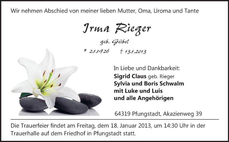 Traueranzeige für Irma Rieger vom 16.01.2013 aus Echo-Zeitungen (Gesamtausgabe)