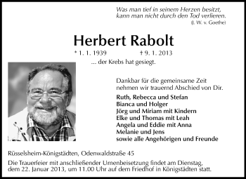Traueranzeige von Herbert Rabolt von Rüsselsheimer Echo, Groß-Gerauer-Echo, Ried Echo