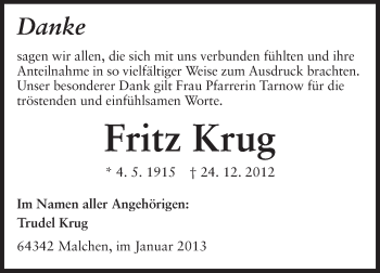 Traueranzeige von Fritz Krug von Echo-Zeitungen (Gesamtausgabe)