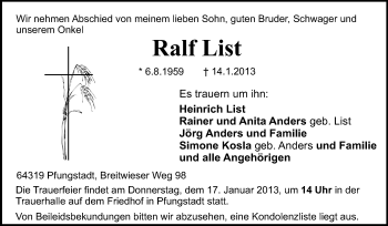 Traueranzeige von Ralf List von Echo-Zeitungen (Gesamtausgabe)