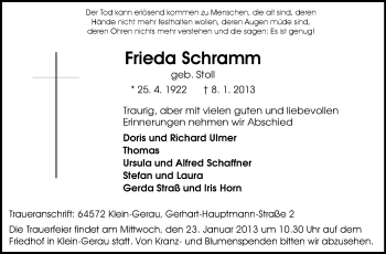 Traueranzeige von Frieda Schramm von Echo-Zeitungen (Gesamtausgabe)