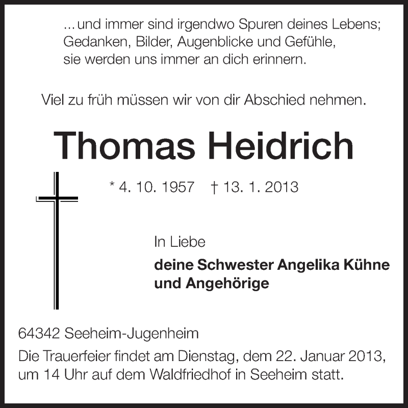  Traueranzeige für Thomas Heidrich vom 16.01.2013 aus Echo-Zeitungen (Gesamtausgabe)