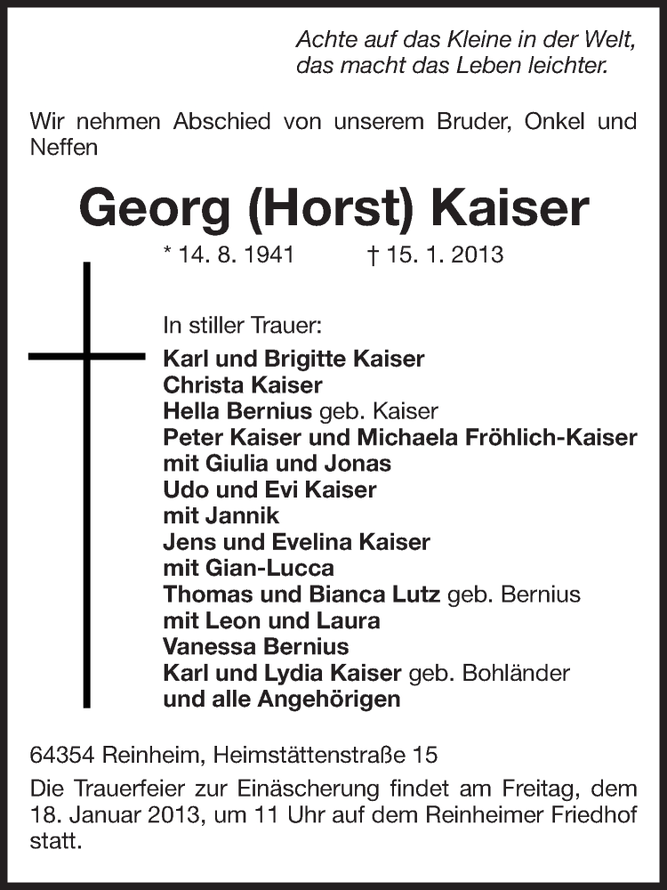  Traueranzeige für Georg Kaiser vom 16.01.2013 aus Darmstädter Echo, Odenwälder Echo, Rüsselsheimer Echo, Groß-Gerauer-Echo, Ried Echo