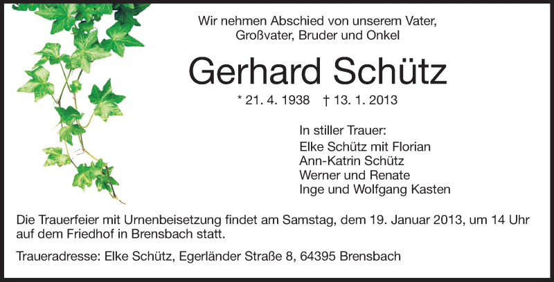  Traueranzeige für Gerhard Schütz vom 17.01.2013 aus Echo-Zeitungen (Gesamtausgabe)