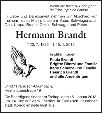 Traueranzeige von Hermann Brandt von Echo-Zeitungen (Gesamtausgabe)
