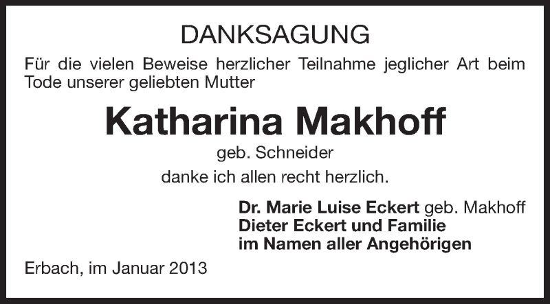  Traueranzeige für Katharina Makhoff vom 17.01.2013 aus Odenwälder Echo