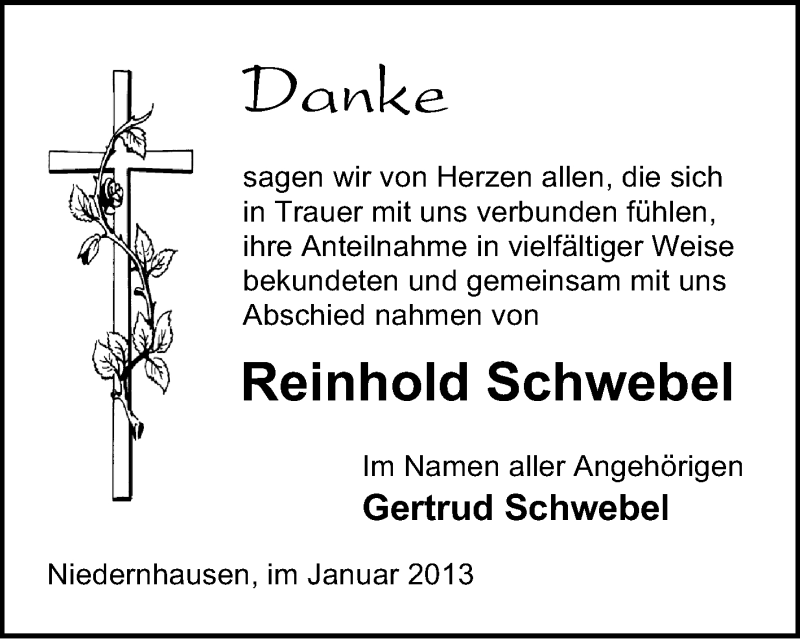  Traueranzeige für Reinhold Schwebel vom 19.01.2013 aus Echo-Zeitungen (Gesamtausgabe)