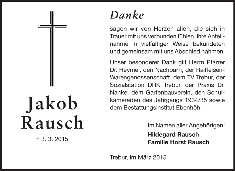  Traueranzeige für Jakob Rausch vom 27.03.2015 aus Rüsselsheimer Echo, Groß-Gerauer-Echo, Ried Echo