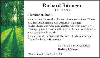 Traueranzeige von Richard Rösinger von Odenwälder Echo