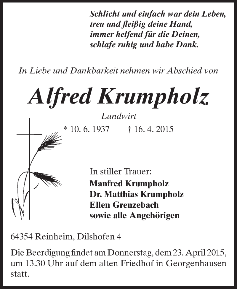  Traueranzeige für Alfred Krumpholz vom 20.04.2015 aus Echo-Zeitungen (Gesamtausgabe)