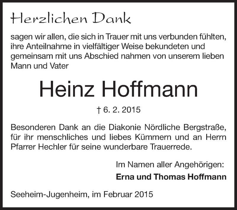  Traueranzeige für Heinz Hoffmann vom 28.02.2015 aus Echo-Zeitungen (Gesamtausgabe)