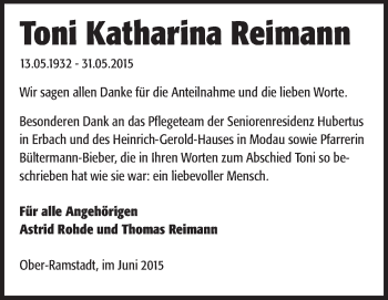 Traueranzeige von Toni Katharina Reimann von Echo-Zeitungen (Gesamtausgabe)