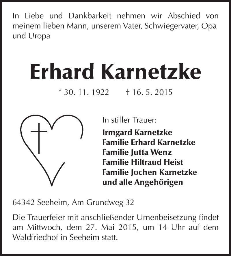  Traueranzeige für Erhard Karnetzke vom 23.05.2015 aus Echo-Zeitungen (Gesamtausgabe)