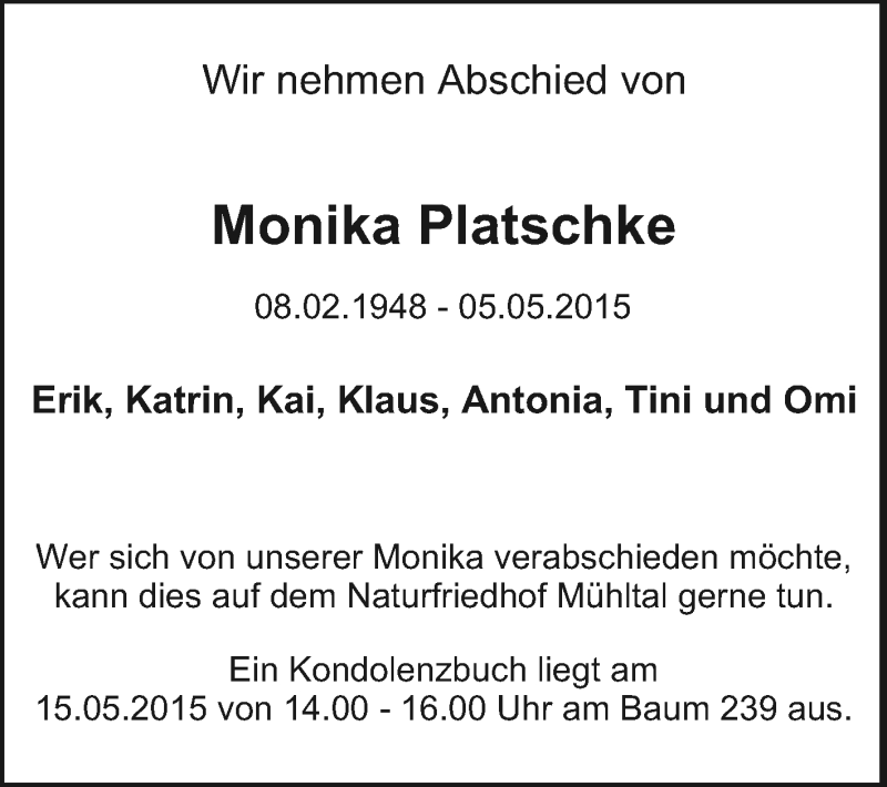  Traueranzeige für Monika Platschke vom 09.05.2015 aus Echo-Zeitungen (Gesamtausgabe)