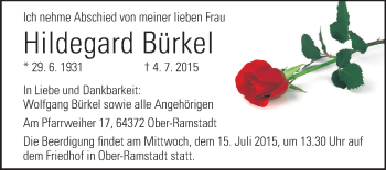 Traueranzeige von Hildegard Bürkel von Echo-Zeitungen (Gesamtausgabe)