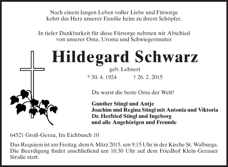  Traueranzeige für Hildegard Schwarz vom 03.03.2015 aus Rüsselsheimer Echo, Groß-Gerauer-Echo, Ried Echo
