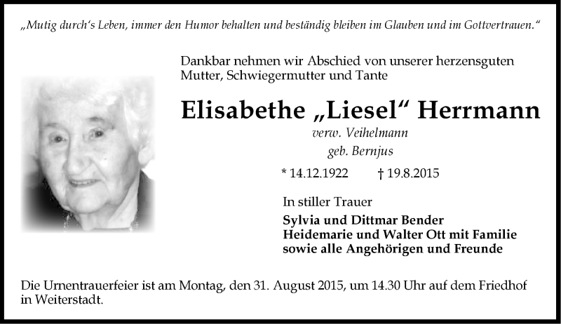  Traueranzeige für Elisabethe Herrmann vom 26.08.2015 aus trauer.echo-online.de