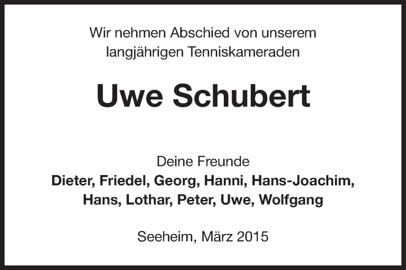  Traueranzeige für Uwe Schubert vom 04.04.2015 aus Echo-Zeitungen (Gesamtausgabe)