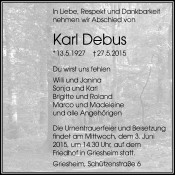 Traueranzeige von Karl Debus von Darmstädter Echo, Odenwälder Echo, Rüsselsheimer Echo, Groß-Gerauer-Echo, Ried Echo