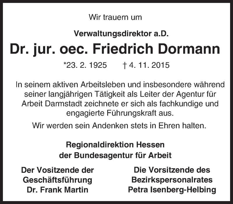  Traueranzeige für Friedrich Dormann vom 14.11.2015 aus trauer.echo-online.de