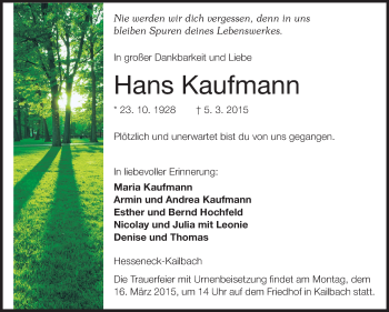 Traueranzeige von Hans Kaufmann von Odenwälder Echo