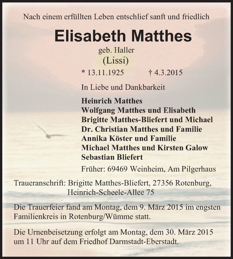 Traueranzeige für Elisabeth Matthes vom 28.03.2015 aus Echo-Zeitungen (Gesamtausgabe)