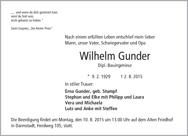  Traueranzeige für Wilhelm Gunder vom 08.08.2015 aus trauer.echo-online.de
