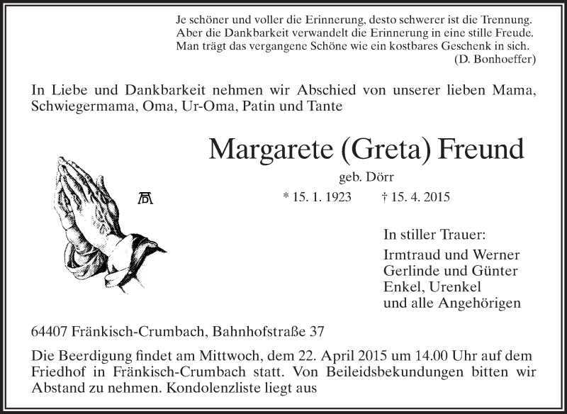  Traueranzeige für Margarete Freund vom 18.04.2015 aus Odenwälder Echo