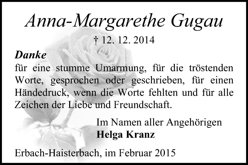  Traueranzeige für Anna-Margarethe Gugau vom 14.02.2015 aus Odenwälder Echo