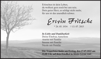 Traueranzeige von Erwin Fritsche von Rüsselsheimer Echo, Groß-Gerauer-Echo, Ried Echo