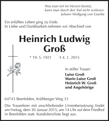Traueranzeige von Heinrich Ludwig Groß von Odenwälder Echo