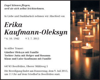Traueranzeige von Erika Kaufmann-Oleksyn von Odenwälder Echo