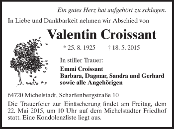 Traueranzeige von Valentin Croissant von Odenwälder Echo