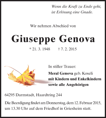 Traueranzeige von Giuseppe Genova von Echo-Zeitungen (Gesamtausgabe)