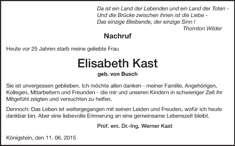  Traueranzeige für Elisabeth Kast vom 11.06.2015 aus Echo-Zeitungen (Gesamtausgabe)