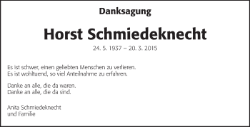 Traueranzeige von Horst Schmiedeknecht von Echo-Zeitungen (Gesamtausgabe)