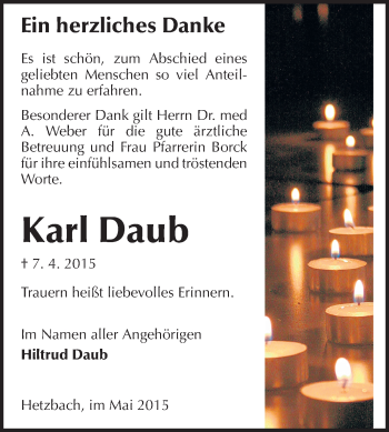 Traueranzeige von Karl Daub von Odenwälder Echo