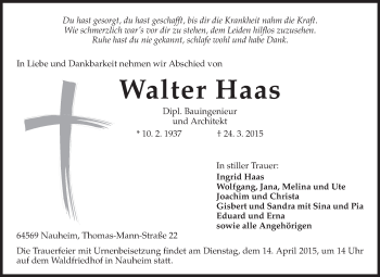 Traueranzeige von Walter Haas von Rüsselsheimer Echo, Groß-Gerauer-Echo, Ried Echo