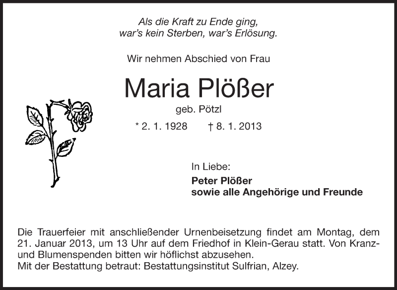  Traueranzeige für Maria Plößer vom 18.01.2013 aus Echo-Zeitungen (Gesamtausgabe)