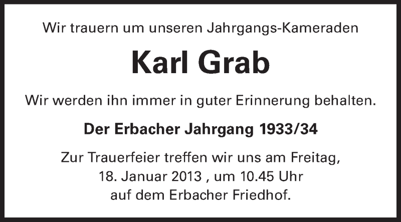  Traueranzeige für Karl Grab vom 17.01.2013 aus Odenwälder Echo