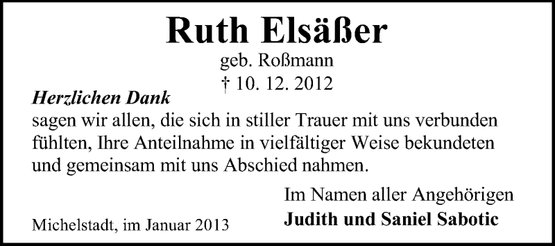  Traueranzeige für Ruth Elsäßer vom 19.01.2013 aus Odenwälder Echo