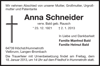 Traueranzeige von Anna Schneider von Odenwälder Echo